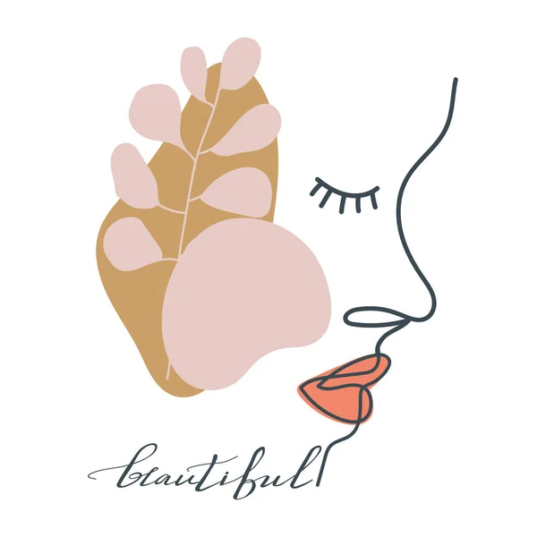 Trendy astratto una linea viso donna con foglie e forme pastello. Stile tipografia slogan design "bello" segno . — Vettoriale Stock