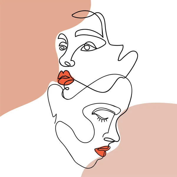 Trendy abstract one line woman faces with pastel shapes. Concept of love. Continuous line print for textile, poster, card, t-shirt etc. — ストックベクタ