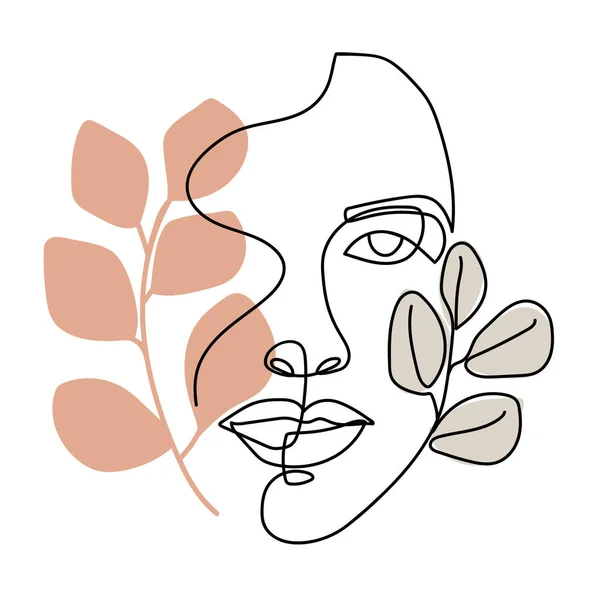 Cara de mujer abstracta de moda de una línea con hojas y formas pastel . — Vector de stock
