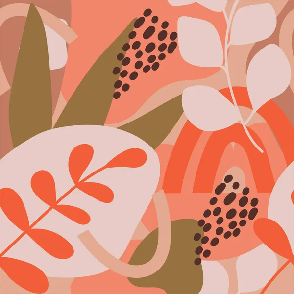 Contemporary collage pastel seamless pattern. Terracotta abstract shapes and tropical leaves. — 图库矢量图片