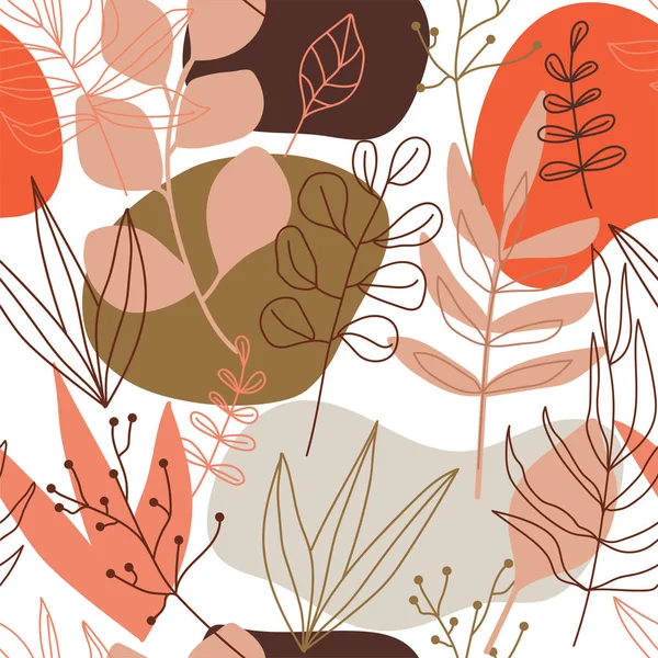 Zeitgenössische Collage nahtlose Muster. Abstrakte Formen aus Terrakotta, tropische Blätter und durchgehende Blattlinien. — Stockvektor