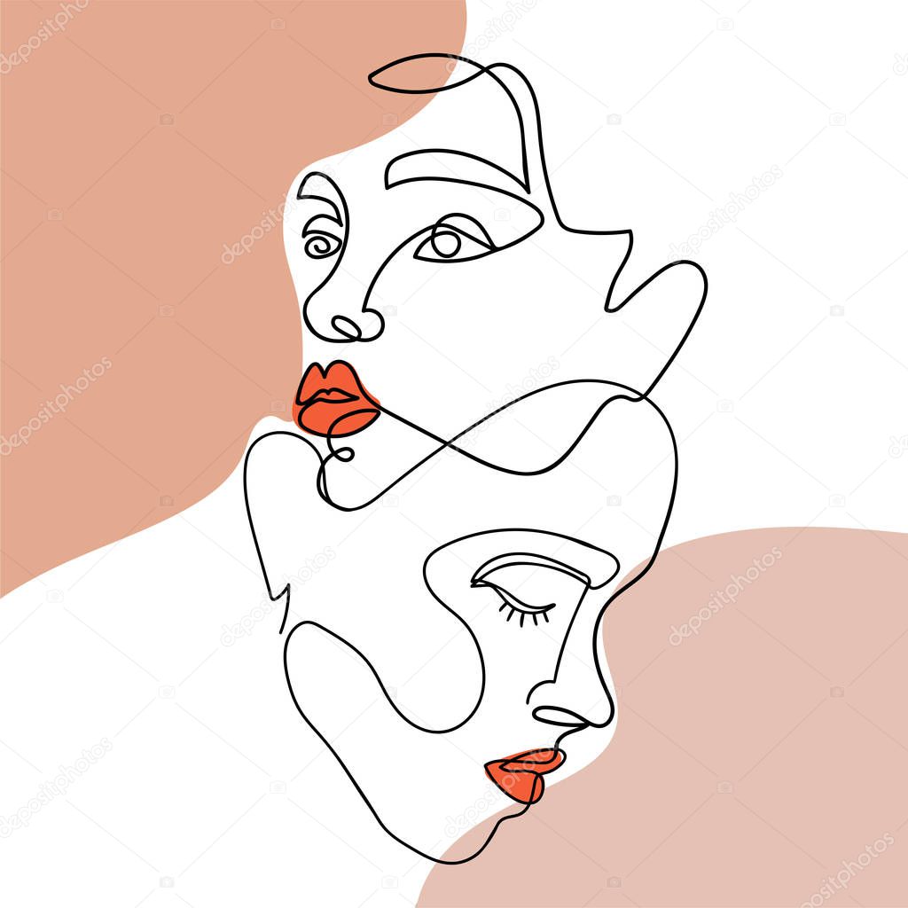 Trendy abstract one line woman faces with pastel shapes. Concept of love. Continuous line print for textile, poster, card, t-shirt etc.