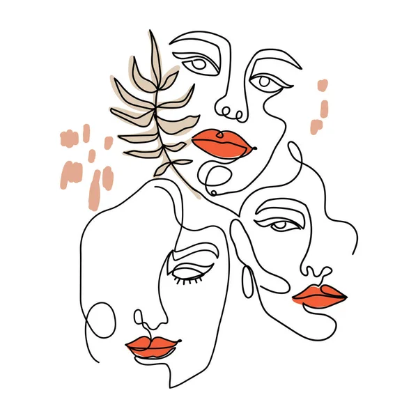 Trendy abstracta de una línea de caras de mujer con hojas y formas pastel . — Vector de stock