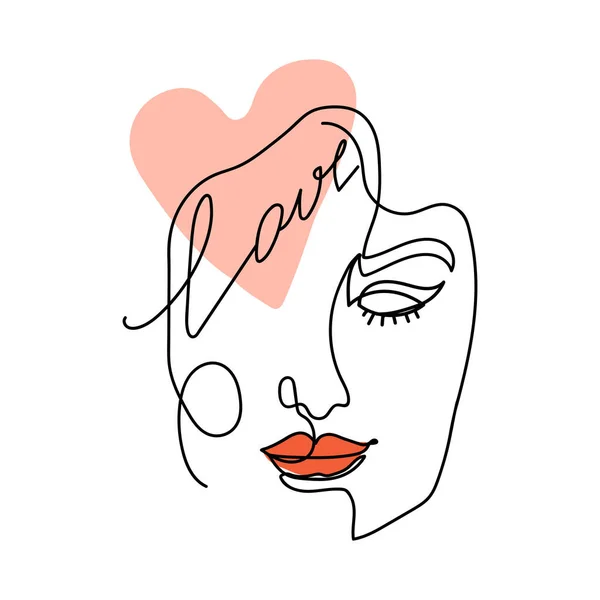 Cara de mujer abstracta de una línea de moda con forma de corazón y letras. Concepto de amor . — Vector de stock