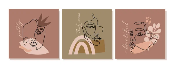 Conjunto de ilustraciones de diseño con una cara de mujer continua de una línea, formas abstractas y caligrafía elegante . — Vector de stock
