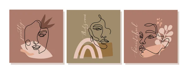 Set of design illustrations with one line continuous woman face, abstract shapes and stylish calligraphy. — ストックベクタ