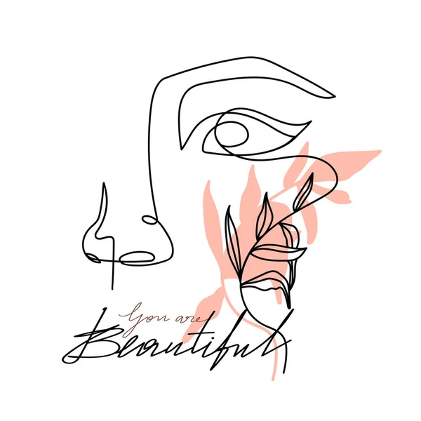 Μοντέρνο αφηρημένο πρόσωπο μιας γραμμής γυναίκα με φύλλα και κομψό γράμματα. Σχέδιο σλόγκαν της μόδας "Είσαι όμορφη". — Διανυσματικό Αρχείο