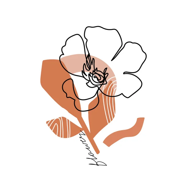 Μοντέρνο αφηρημένο λουλούδι μιας γραμμής με παστέλ σχήματα και γράμματα. Μόδας τυπογραφία σύνθημα σχέδιο "λουλούδι" σήμα. — Διανυσματικό Αρχείο