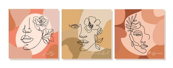 Tervezett illusztrációk egy vonal folyamatos nő arcát és leveleit. Absztrakt kortárs kollázs geometriai alakzatokkal. — Stock Vector