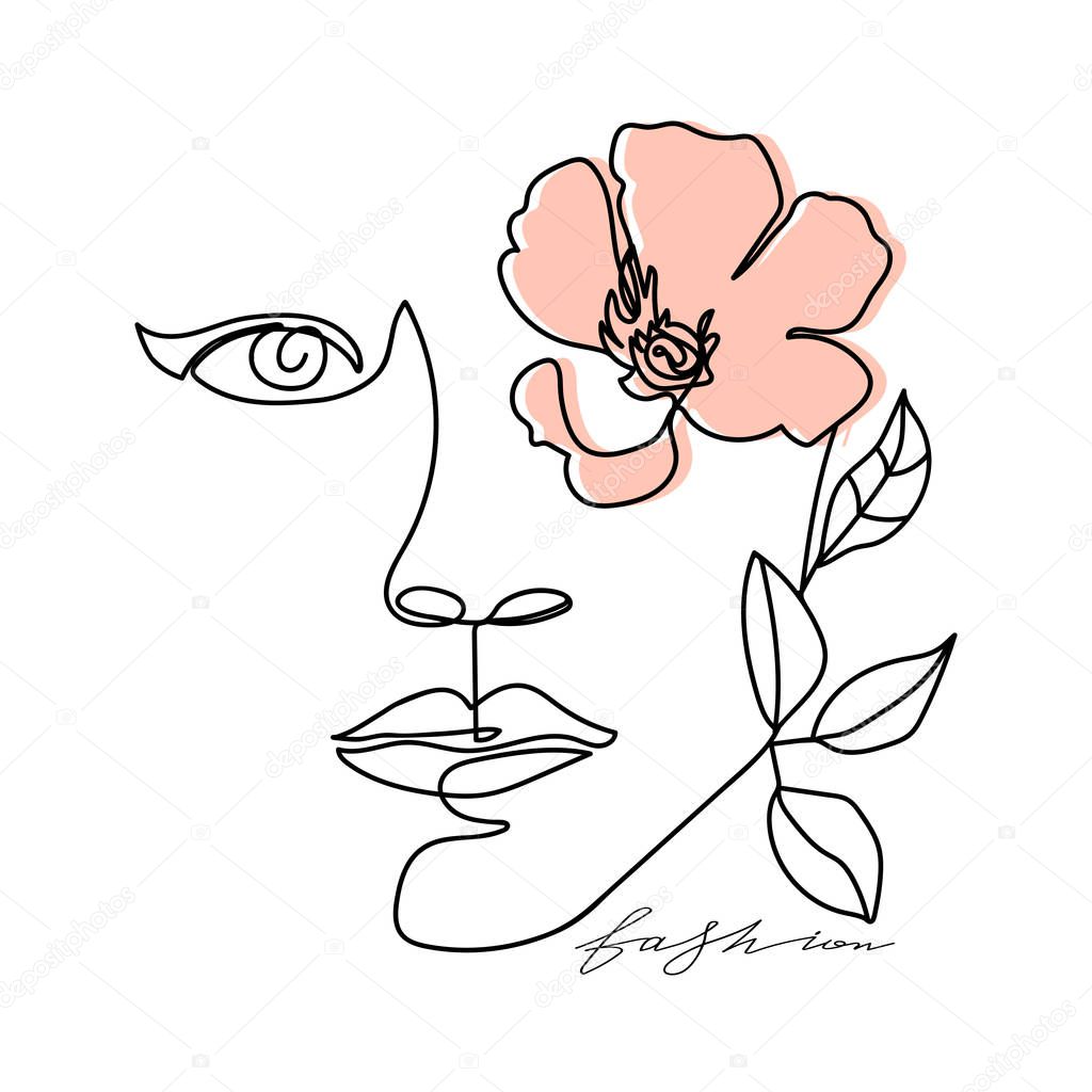 Trendy abstract one line woman face with leaves, flower and stylish lettering. Typography slogan design 