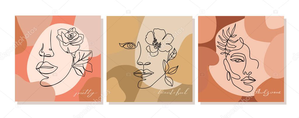 Set of design illustrations with one line continuous woman face and leaves. Abstract contemporary collage with geometric shapes.