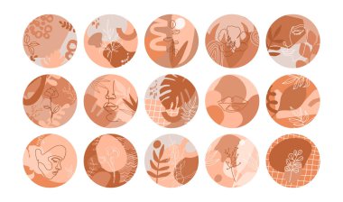 Tasarım renklendirme kapakları. Geometrik şekilleri, yaprakları, çiçekleri ve sürekli bir kadın yüzü olan soyut çağdaş arka planlar. Sosyal medya hikayeleri ve blog yazarları için yuvarlak simgeler. Düzenlenebilir vektör.