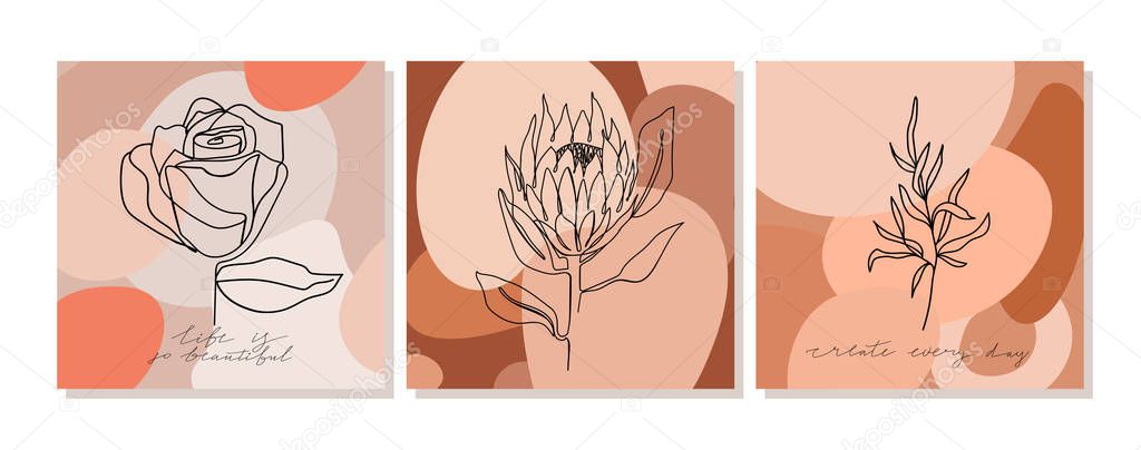 Set of design illustrations with one line continuous flowers, leaves and calligraphy phrases. Abstract contemporary collage with geometric shapes. Design templates for social media stories, covers, t-Shirt print, postcard, banner etc. Vector.