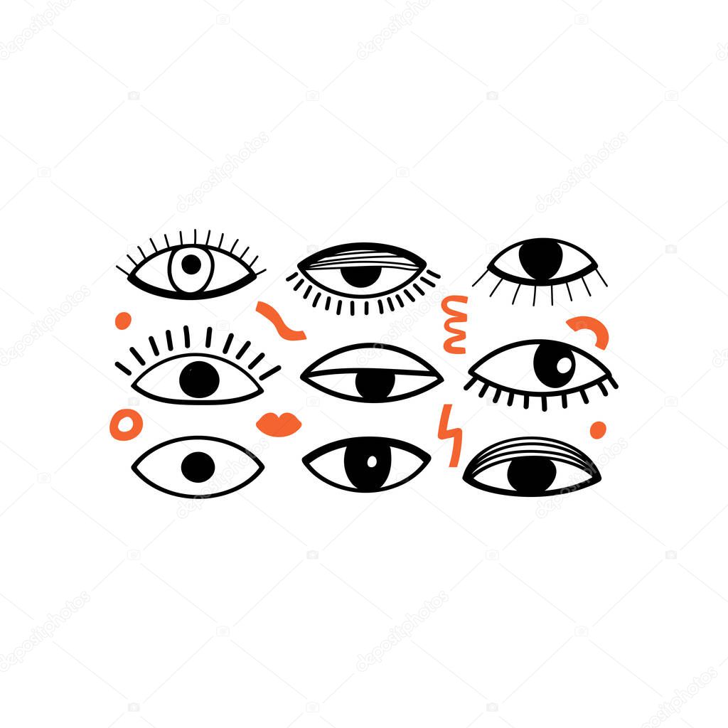 Trendy various psychedelic eyes and abstract contemporary shapes. Lifestyle print for poster, card, sticker, social media, t-shirt etc. Vector illustration.