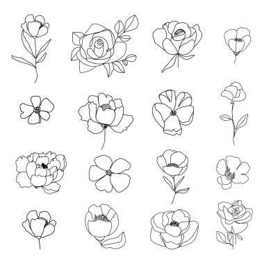 Bir dizi doğrusal çiçek. Çiçek botanik koleksiyonu. Siyah beyaz sanat. Marka kimliği için dekoratif zarif bir illüstrasyon. Vektör illüstrasyonu.