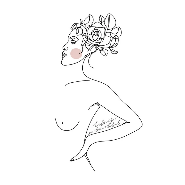 Cuerpo Abstracto Una Línea Mujer Moda Con Flores Hojas Frase — Vector de stock