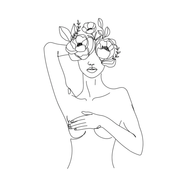 花や葉を持つトレンディな抽象的な1つのラインの女性の体 裸体の胸を覆う少女 テキスタイル ポスター カード Tシャツなどの連続ラインプリント ベクターファッションイラスト — ストックベクタ