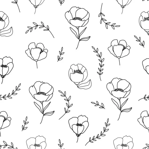 Σύγχρονη Φύση Αδιάλειπτη Μοτίβο Γραμμικά Διάφορα Λουλούδια Και Φύλλα Υφή — Διανυσματικό Αρχείο