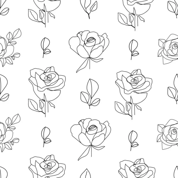 Σύγχρονη Φύση Αδιάλειπτη Μοτίβο Γραμμικά Λουλούδια Και Φύλλα Τριαντάφυλλου Υφή — Διανυσματικό Αρχείο