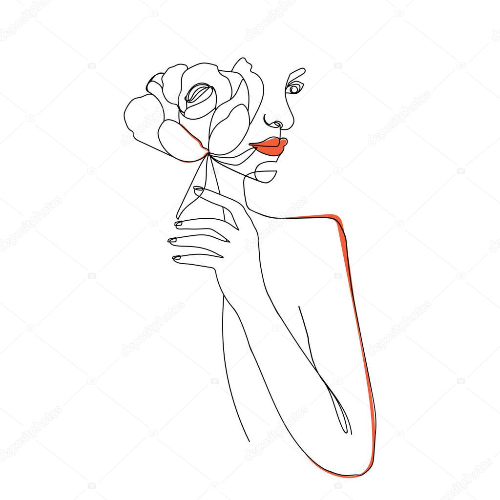 Trendy abstract one line woman face with rose flower. Continuous line print for textile, poster, card, t-shirt etc. Vector illustration on white background.