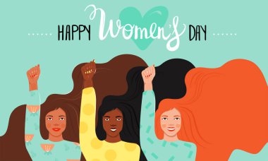 Uluslararası Kadınlar Günü, feminizm, kız gücü konsepti. Bir grup kadın farklı milletler ve kültürler güçlerini gösteriyor. Kadınların güçlenmesi. Vektör illüstrasyonu.