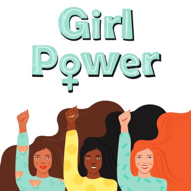 Uluslararası Kadınlar Günü, feminizm, kız gücü konsepti. Bir grup kadın farklı milletler ve kültürler güçlerini gösteriyor. Kadınların güçlenmesi. Beyaz arkaplanda vektör illüstrasyonu.