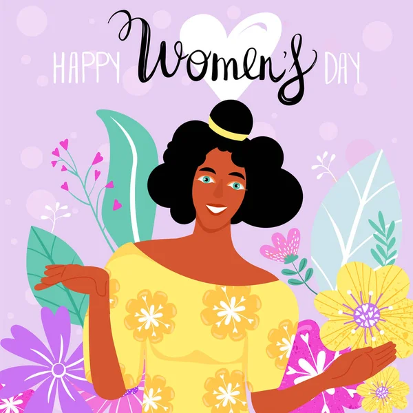 Παγκόσμια Ημέρα Της Γυναίκας Ευχετήρια Κάρτα Σύνθεση Χαρούμενα Αφροαμερικάνικα Κορίτσια — Διανυσματικό Αρχείο
