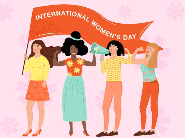 Feminisme Meisjeskracht Internationale Vrouwendag Concept Een Groep Vrouwen Van Verschillende — Stockvector