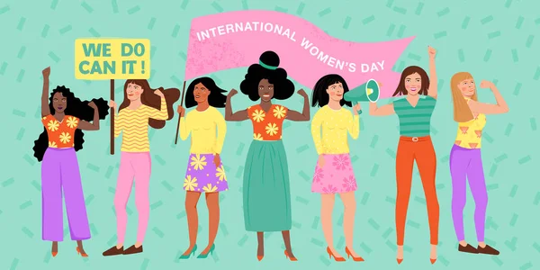 Feminisme Meisjeskracht Internationale Vrouwendag Concept Een Groep Vrouwen Van Verschillende — Stockvector