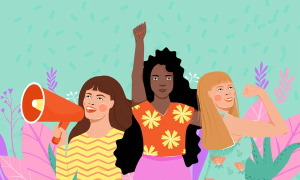 Феминизм Женская Сила Концепция Международного Женского Дня Группа Женщин Разных — стоковый вектор