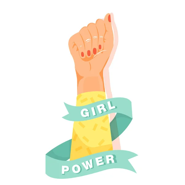 Φεμινισμός Κοριτσίστικη Ιδέα Σύμβολο Φεμινισμού Πολεμώντας Γροθιά Μιας Γυναίκας Κορδέλα — Διανυσματικό Αρχείο
