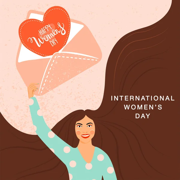 Március Nemzetközi Nőnapi Üdvözlőlap Aranyos Nők Szívből Jövő Borítékkal Gratulálok — Stock Vector