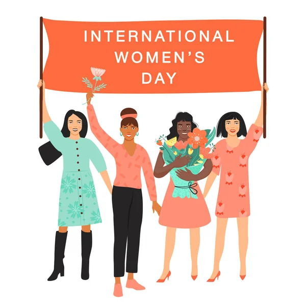 International Women Day Concept Groep Vrouwen Verschillende Nationaliteiten Culturen Met — Stockvector