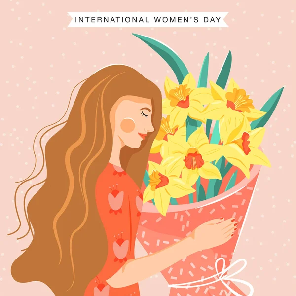 March International Women Day Greeting Card Beautiful Girl Holding Bouquet — Stock Vector
