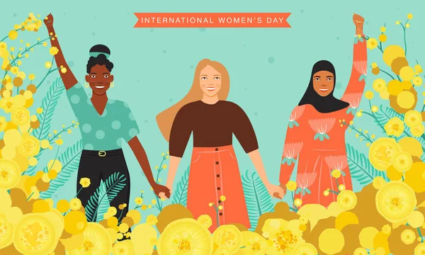 Happy Women Day Concept Mooie Vrouwen Die Haar Kracht Tonen — Stockvector