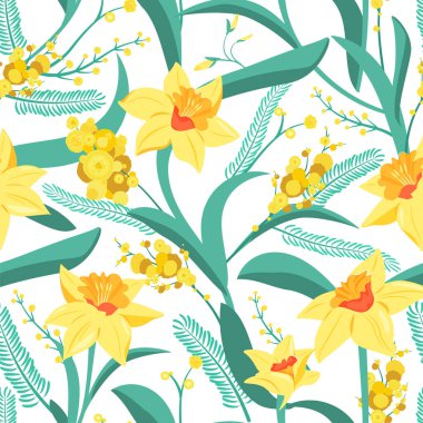 Yeşil yapraklı ve mimozalı sarı narsislerin kusursuz deseni. Tekstil, kartpostal, ambalaj kağıdı, poster, arkaplan, kitap, tişört için vektör illüstrasyonu.