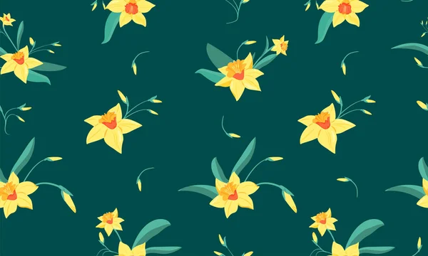 Seamless pattern of  small narcissus flowers with green leaves. Spring flowers print. Vector illustration for textile, postcard, wrapping paper, poster, background, book, t-shirt.