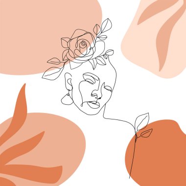 Contemporary design collage with one line woman face, flower, leaves and abstract shapes. Terracotta aesthetic card for textile, poster, card, cover, t-shirt etc. Vector illustration. vector Contemporary design collage with one line woman face, flower, leaves and abstract shapes. Terracotta aesthetic card for textile, poster, card, cover, t-shirt etc. Vector illustration. vector
