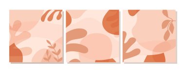 Set of abstract Terracotta backgrounds with copy space in minimalistic style. Fashion contemporary collage with leaves. Design templates for social media stories, covers, flyer, invitations, banner etc. Vector.