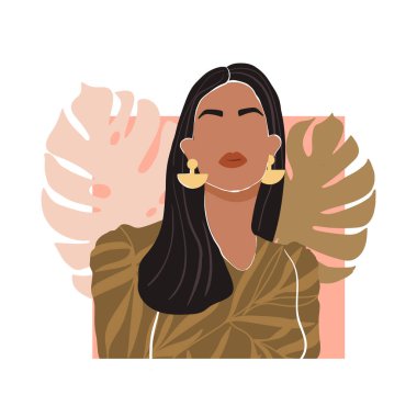 Soyut Afrikalı kadın portresi ve canavar yaprağı ile çağdaş moda kolajı. Minimalist tarzda moda illüstrasyon. Vektör yazdırma posteri, kart, davetiye, tişört vs..