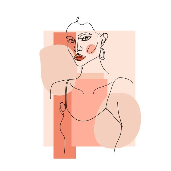 Retrato Abstracto Una Línea Mujer Moda Con Formas Geométricas Pastel — Vector de stock