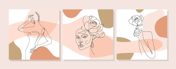 Zestaw Ilustracji Projektowych Jednym Wierszem Ciągły Portret Kobiety Kwiaty Liście — Wektor stockowy