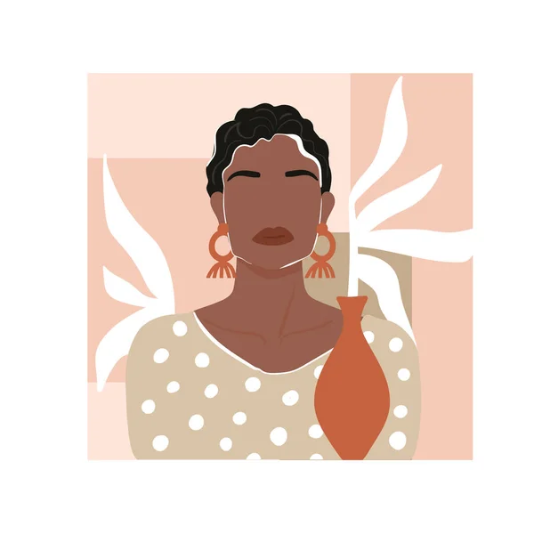 Σύγχρονη Κολάζ Μόδας Αφηρημένη Αφρικανική Γυναίκα Πορτρέτο Φύλλα Βάζο Και — Διανυσματικό Αρχείο