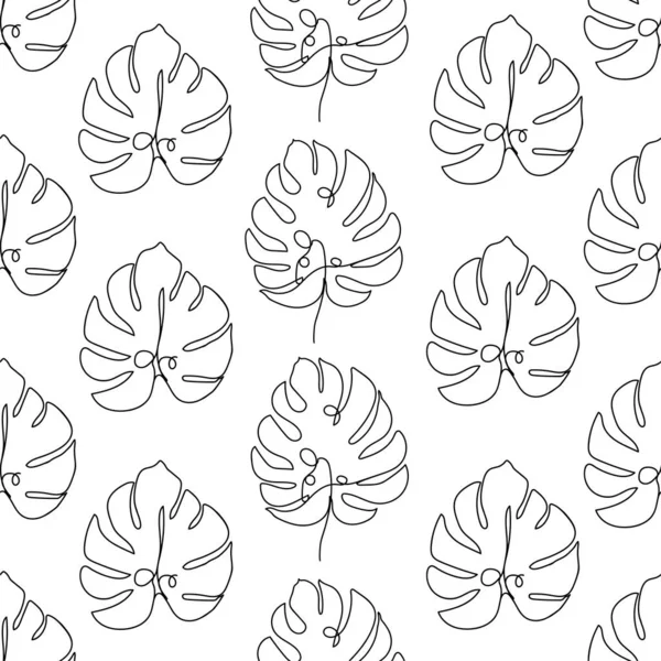 Σύγχρονη Floral Απρόσκοπτη Μοτίβο Μια Γραμμή Συνεχόμενα Φύλλα Monstera Ασπρόμαυρη — Διανυσματικό Αρχείο