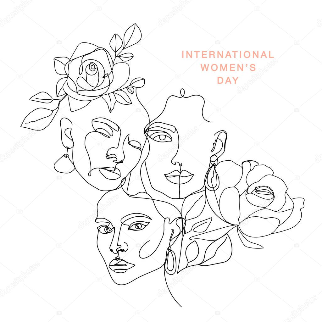 International Women's Day greeting card. Illustration with one line woman face, flowers and leaves.  Women empowerment. Vector illustration.