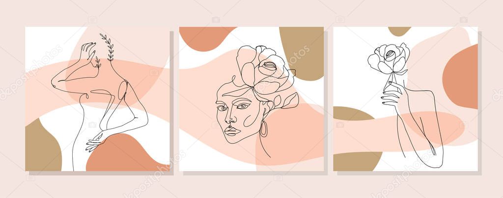 Set of design illustrations with one line continuous woman portrait, flowers and leaves. Abstract contemporary collage with geometric shapes. Design templates for social media stories, covers, t-Shirt print, postcard, banner etc. Vector.