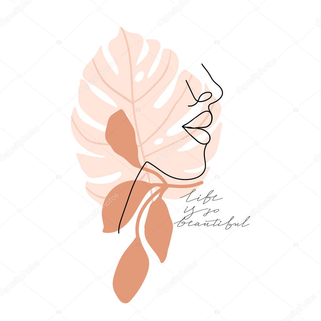 Trendy abstract one line woman face with abstract leaves and calligraphy phrase. Fashion typography slogan design 