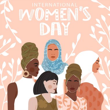 Uluslararası Kadınlar Günü tebrik kartı. Soyut kadın, arka planda farklı milletleri yapraklarla resmediyor. Kız gücü, eşitlik için mücadele, feminizm, kardeşlik kavramı. Vektör illüstrasyonu.