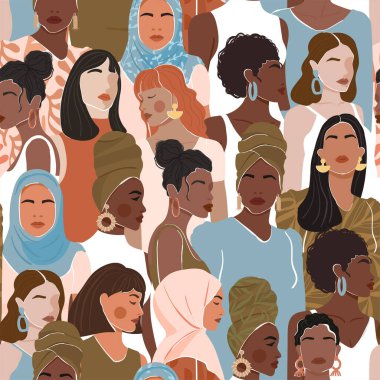 Kadınların farklı ırk ve kültürlerde kusursuz bir düzeni var. Kız gücü, eşitlik için mücadele, feminizm, kardeşlik kavramı. Tekstil, ambalaj, ambalaj kağıdı, sosyal medya postası vesaire için doku. Vektör illüstrasyonu.