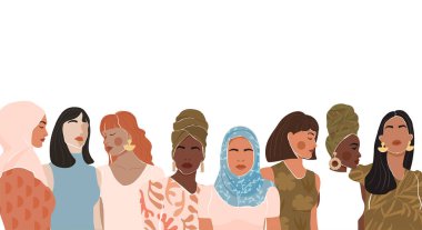 Soyut kadın portresi farklı milletler ve kültürler. Kız gücü, eşitlik için mücadele, feminizm, kardeşlik kavramı. Vektör illüstrasyonu.